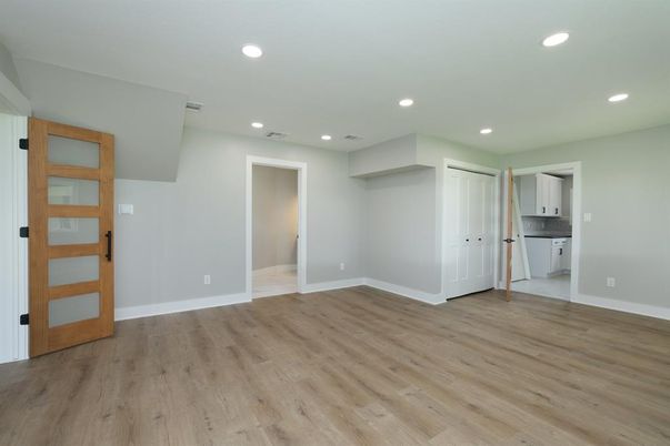 Empty room, Interior, Kitchen, Recessed Lighting, Wood Texture Flooring