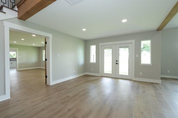 Empty room, Interior, Recessed Lighting, Wooden Beams, Wood Texture Flooring