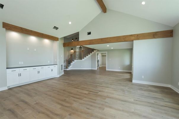Empty room, Interior, Recessed Lighting, Wooden Beams, Wood Texture Flooring