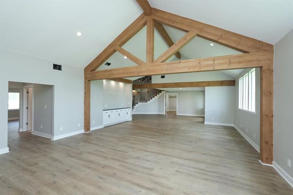 Empty room, Interior, Pendant Lights, Recessed Lighting, Wooden Beams, Wood Texture Flooring