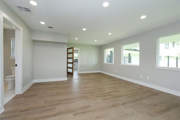 Bathroom, Empty room, Interior, Recessed Lighting, Wood Texture Flooring