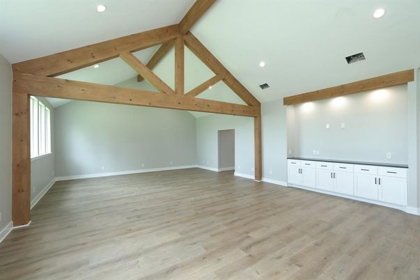 Empty room, Interior, Recessed Lighting, Wooden Beams, Wood Texture Flooring