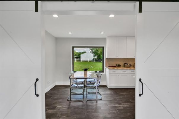 Dining room, Interior, Kitchen, Recessed Lighting, Wood Texture Flooring
