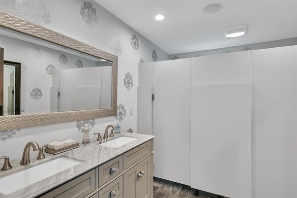 Bathroom, Dual Sink Vanities, Interior, Recessed Lighting, Wood Texture Flooring