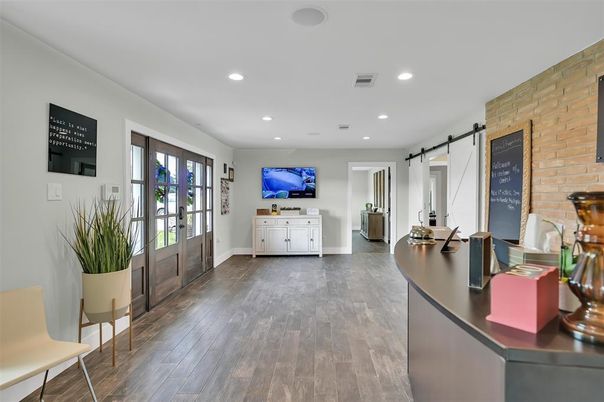 Interior, Recessed Lighting, Stone Walls, Wood Texture Flooring