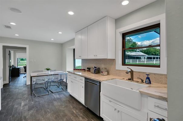 Dining room, Interior, Kitchen, Recessed Lighting, Wood Texture Flooring