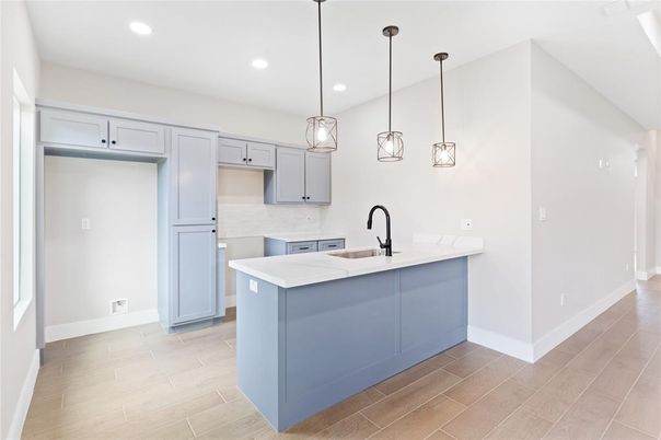 Interior, Kitchen, Pendant Lights, Recessed Lighting, Wood Texture Flooring