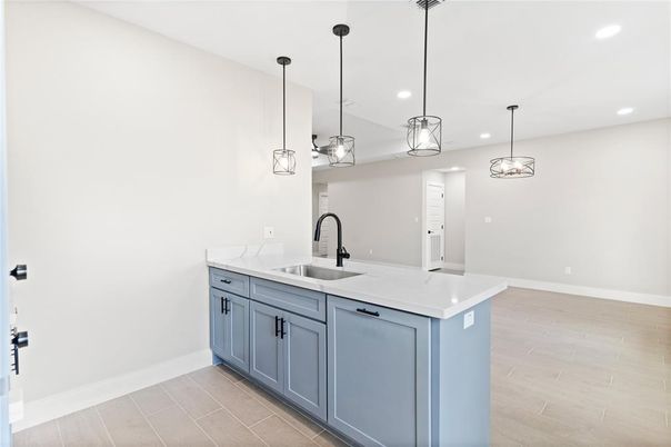 Interior, Kitchen, Pendant Lights, Recessed Lighting, Wood Texture Flooring