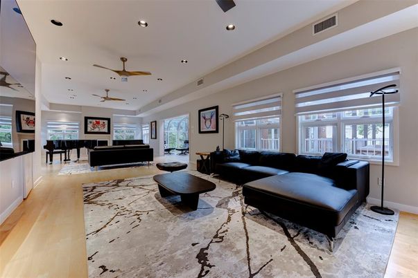 Interior, Living room, Piano, Recessed Lighting, Wood Texture Flooring