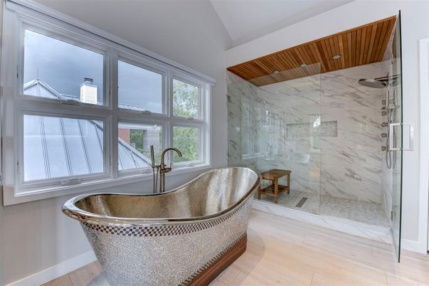Bathroom, Free Standing Baths, Glass Shower, Interior, Marble, Marble Walls, Wood Texture Flooring