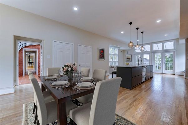 Dining room, Interior, Kitchen, Pendant Lights, Recessed Lighting, Wood Texture Flooring
