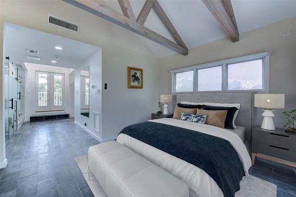 Bedroom, Interior, Recessed Lighting, Wooden Beams
