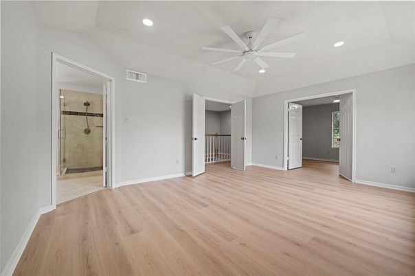 Bathroom, Empty room, Interior, Recessed Lighting, Wood Texture Flooring