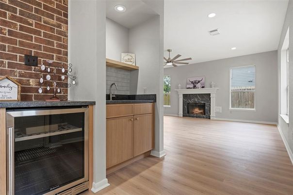 Fireplace, Interior, Recessed Lighting, Stone Walls, Wood Texture Flooring
