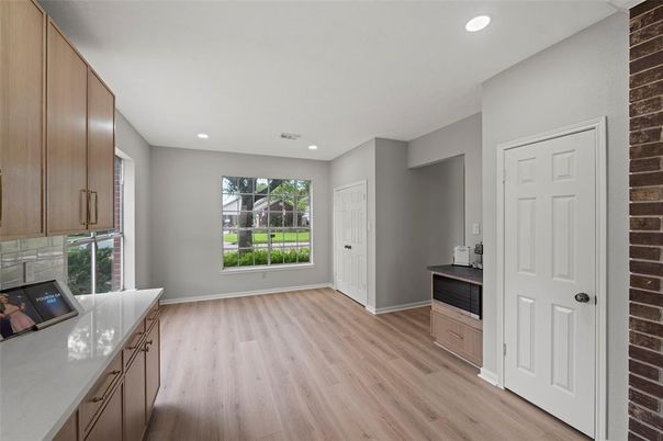 Empty room, Interior, Recessed Lighting, Stone Walls, Wood Texture Flooring