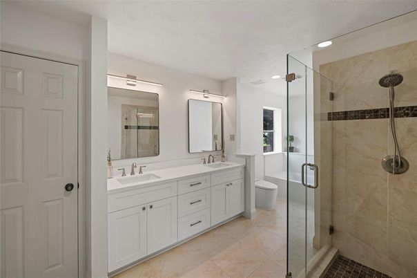 Bathroom, Dual Sink Vanities, Glass Shower, Interior, Recessed Lighting