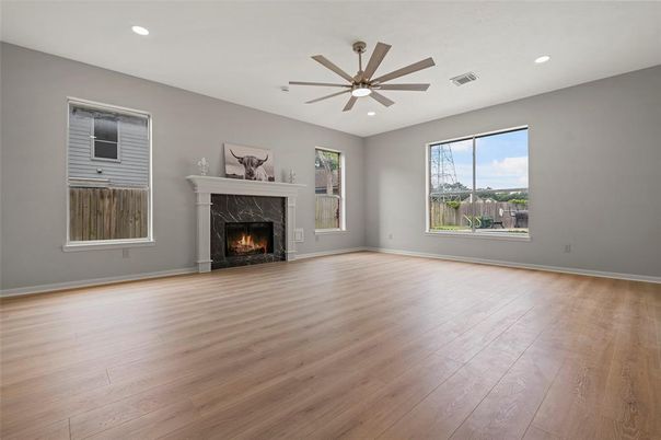 Empty room, Fireplace, Interior, Recessed Lighting, Wood Texture Flooring