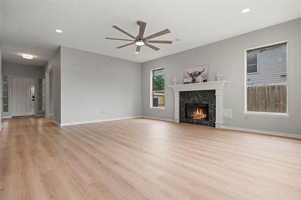 Empty room, Fireplace, Interior, Recessed Lighting, Wood Texture Flooring