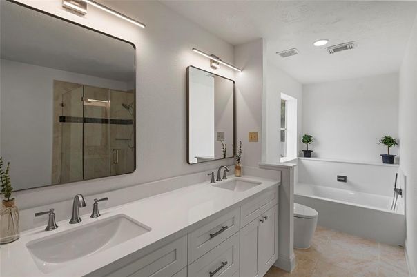 Bathroom, Dual Sink Vanities, Glass Shower, Interior, Recessed Lighting