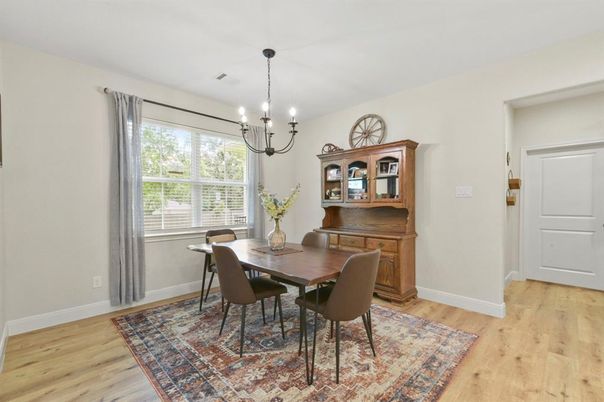 Chandelier, Dining room, Interior, Pendant Lights, Wood Texture Flooring
