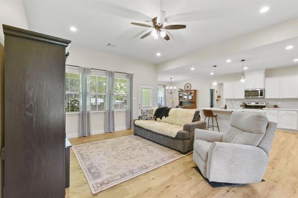 Interior, Kitchen, Living room, Pendant Lights, Recessed Lighting, Stainless Steel Appliances, Wood Texture Flooring