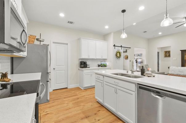 Interior, Kitchen, Pendant Lights, Recessed Lighting, Stainless Steel Appliances, Wood Texture Flooring