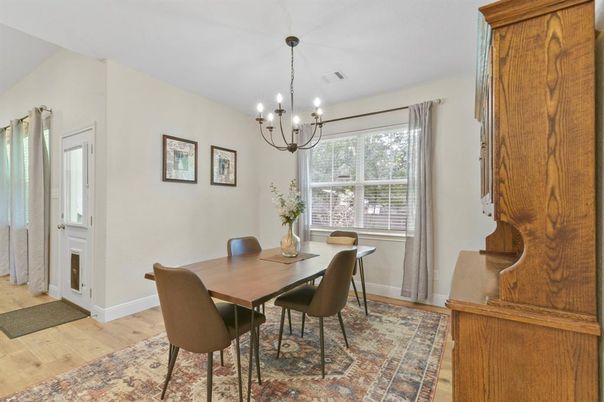 Chandelier, Dining room, Interior, Wood Texture Flooring