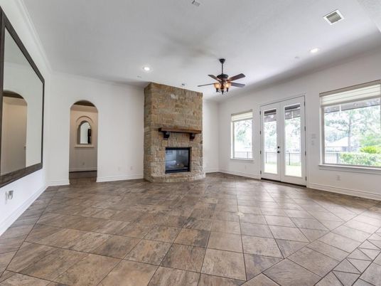 Empty room, Fireplace, Interior, Recessed Lighting, Stone Walls
