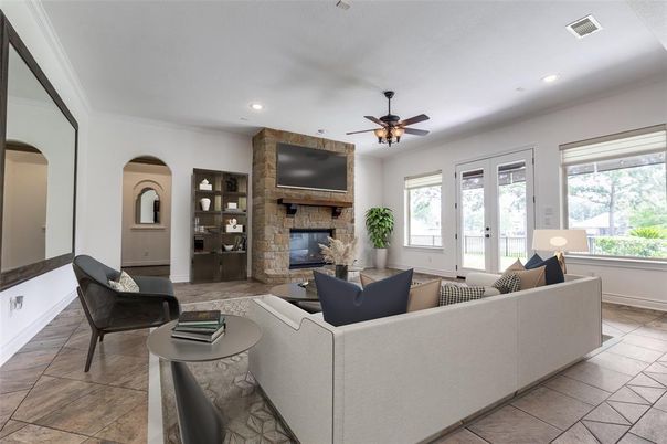 Fireplace, Interior, Living room, Recessed Lighting, Stone Walls