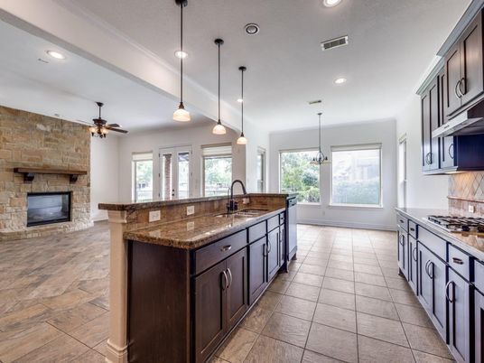 Fireplace, Interior, Kitchen, Pendant Lights, Recessed Lighting, Stone Walls