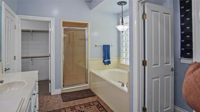 Bathroom, Dual Sink Vanities, Glass Shower, Interior, Pendant Lights