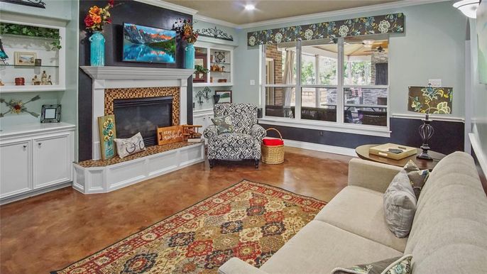 Fireplace, Interior, Living room, Recessed Lighting, Wood Texture Flooring