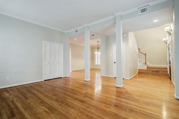 Empty room, Interior, Pendant Lights, Recessed Lighting, Wood Texture Flooring