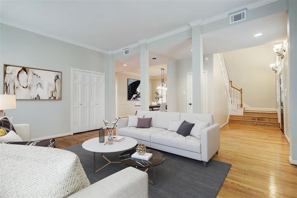 Dining room, Interior, Living room, Pendant Lights, Recessed Lighting, Wood Texture Flooring