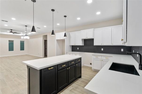 Interior, Kitchen, Pendant Lights, Recessed Lighting, Wood Texture Flooring