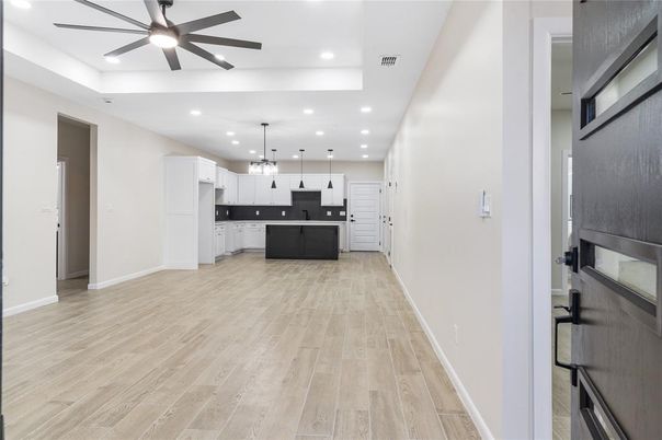Interior, Kitchen, Pendant Lights, Recessed Lighting, Stainless Steel Appliances, Wood Texture Flooring