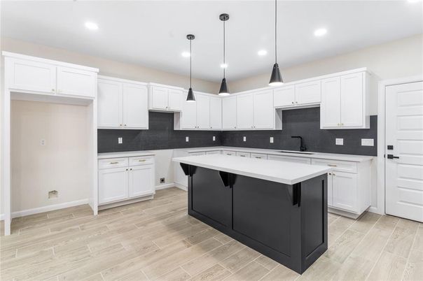 Interior, Kitchen, Pendant Lights, Recessed Lighting, Wood Texture Flooring