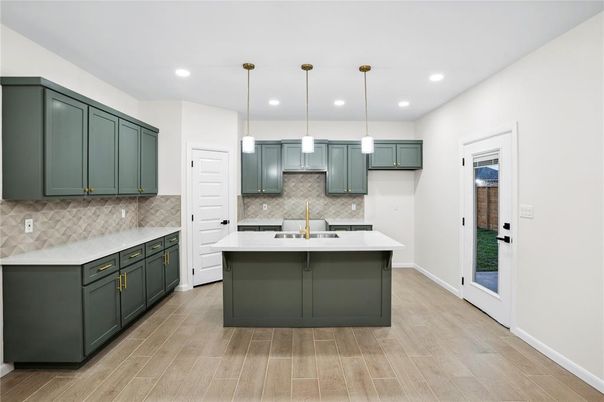 Interior, Kitchen, Pendant Lights, Recessed Lighting, Wood Texture Flooring