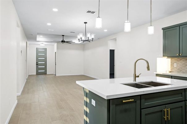 Chandelier, Interior, Kitchen, Pendant Lights, Recessed Lighting, Wood Texture Flooring