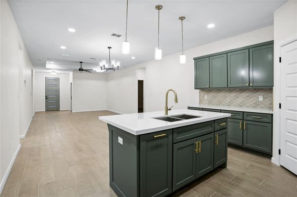 Interior, Kitchen, Pendant Lights, Recessed Lighting, Wood Texture Flooring