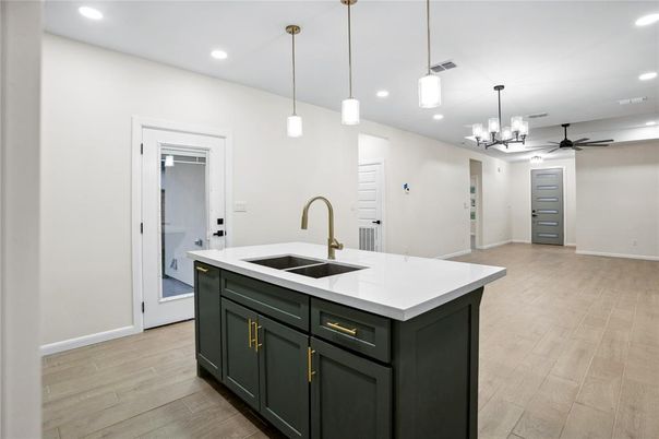 Interior, Kitchen, Pendant Lights, Recessed Lighting, Wood Texture Flooring