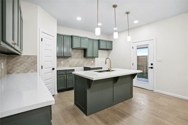 Interior, Kitchen, Pendant Lights, Recessed Lighting, Wood Texture Flooring