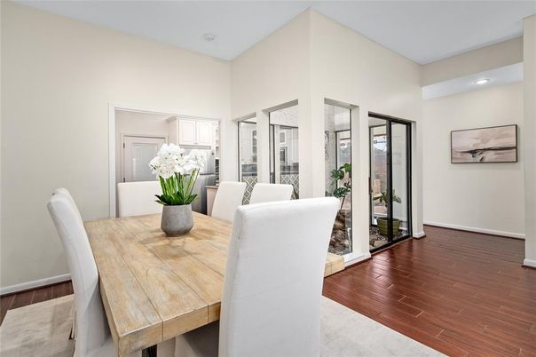 Dining room, Interior, Recessed Lighting, Wood Texture Flooring