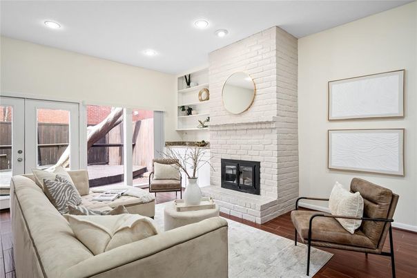Fireplace, Interior, Living room, Recessed Lighting, Stone Walls, Wood Texture Flooring