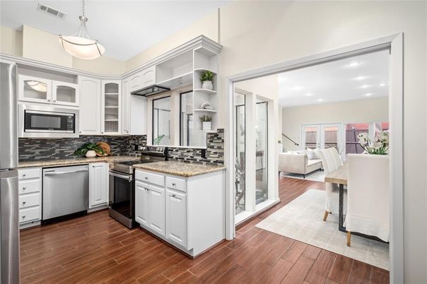 Interior, Kitchen, Pendant Lights, Recessed Lighting, Stainless Steel Appliances, Wood Texture Flooring