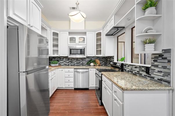 Interior, Kitchen, Pendant Lights, Stainless Steel Appliances, Wood Texture Flooring