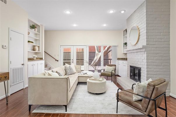 Fireplace, Interior, Living room, Recessed Lighting, Stone Walls, Wood Texture Flooring