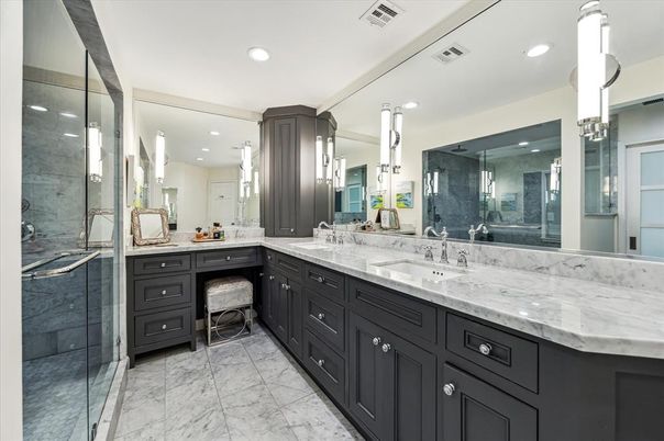 Bathroom, Dual Sink Vanities, Glass Shower, Interior, Marble, Recessed Lighting