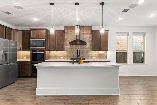 Interior, Kitchen, Pendant Lights, Recessed Lighting, Stone Walls, Wood Texture Flooring