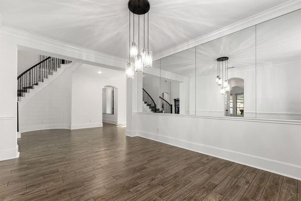Empty room, Interior, Pendant Lights, Recessed Lighting, Wood Texture Flooring